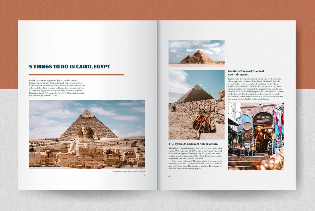 Magazine spread balancing text columns with imagery of Egyptian sites