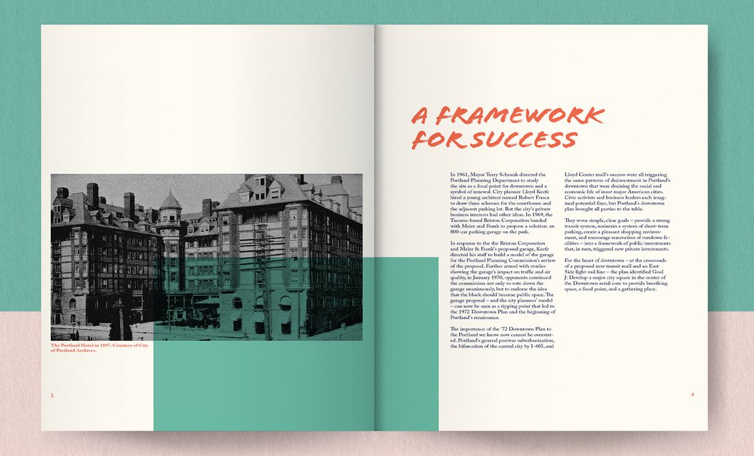 Publication spread pacing text and imagery about the square's history