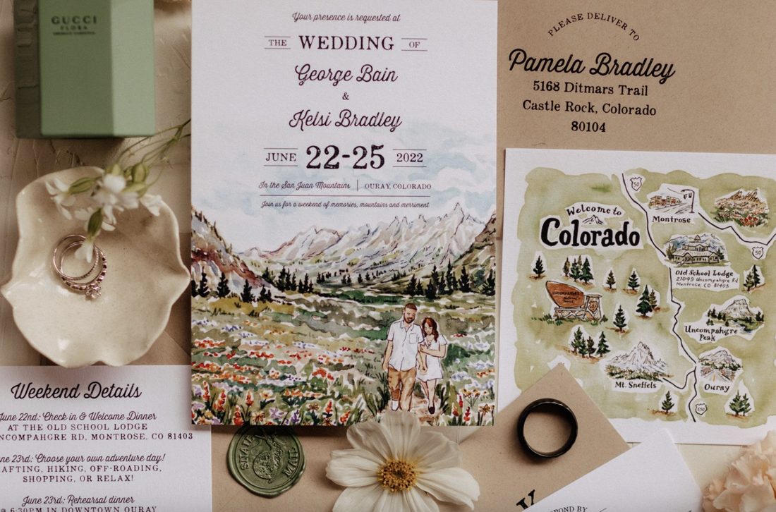 Traditional wedding invitation suite with coordinated typography and layout